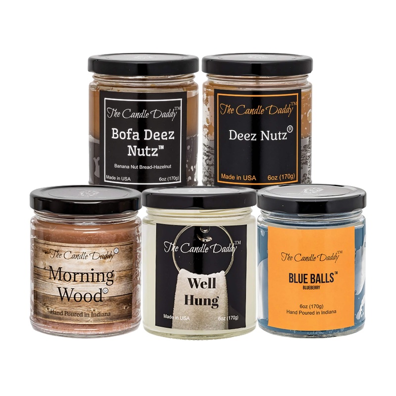 “Daddy’s Greatest Hits Vol. 1” Combo Set Of Five of Our Favorite Scented 6oz Jar Candles – Deez Nutz, Bofa Deez Nuts, Blue Balls, Morning Wood and Well Hung